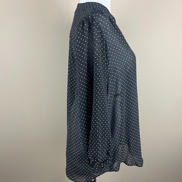 Chaps 3/4 Sleeve Blouse Size M Black White, Polka Dot Print, V-neck with Tie - Picture 4 of 8